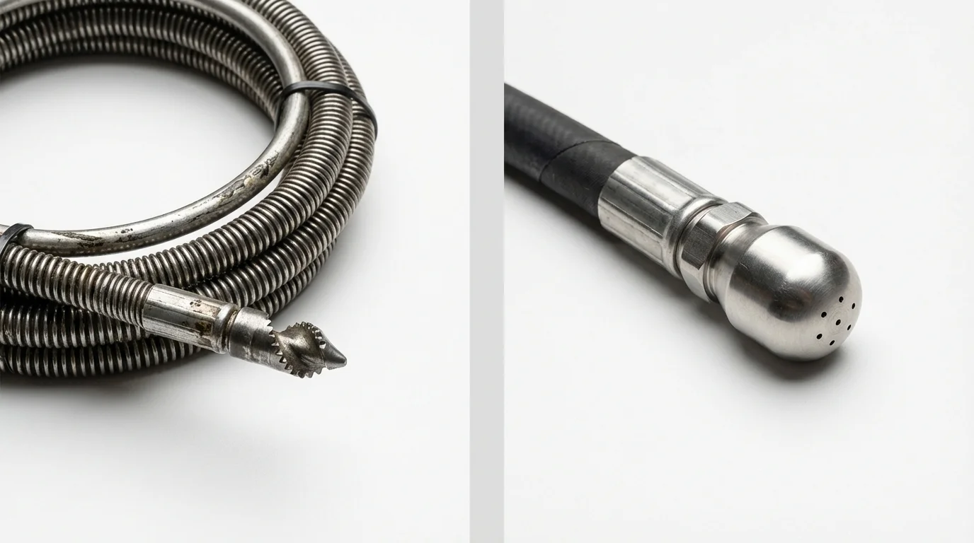 Drain snake cable and hydro jetting nozzle used for drain cleaning in Choctaw, OK