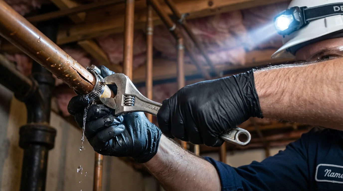Emergency pipe clamp repair being performed by a Johns Plumbing LLC plumber in Choctaw